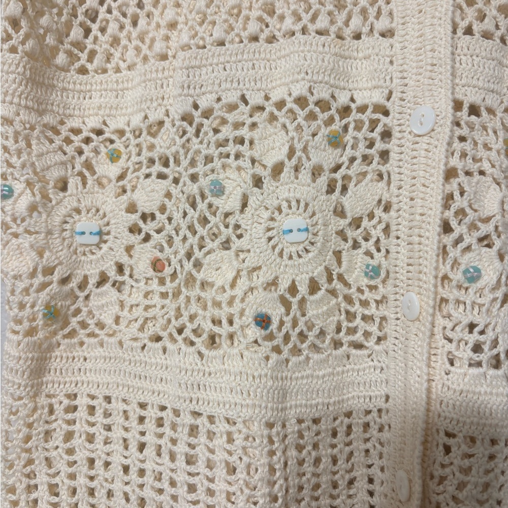 NorthStyle Cream‎ Crochet Open Knit Coastal Boho Cardigan Scalloped Edges Beaded - Picture 5 of 16